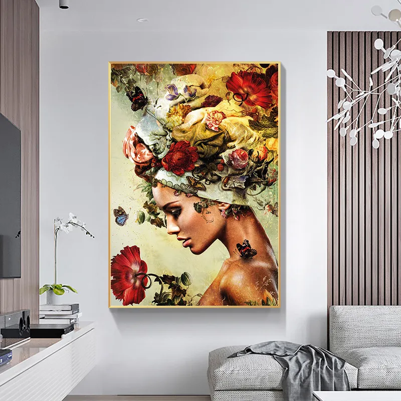 プロフィール女性花柄ポスターとプリント抽象的なキャラクター落書きアート壁画アート写真