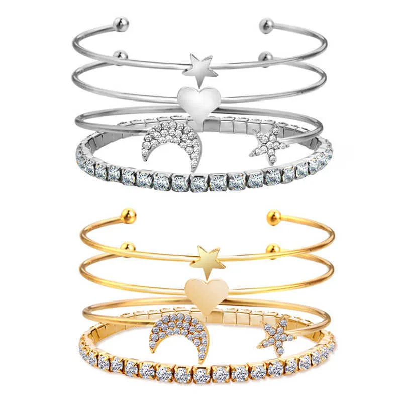 4 pçs / set Crystal Star Moon Bangle Set Multilayer Love Heart Charme Gold Color Aberto Bangles Jóias ajustáveis ​​para as mulheres Q0719