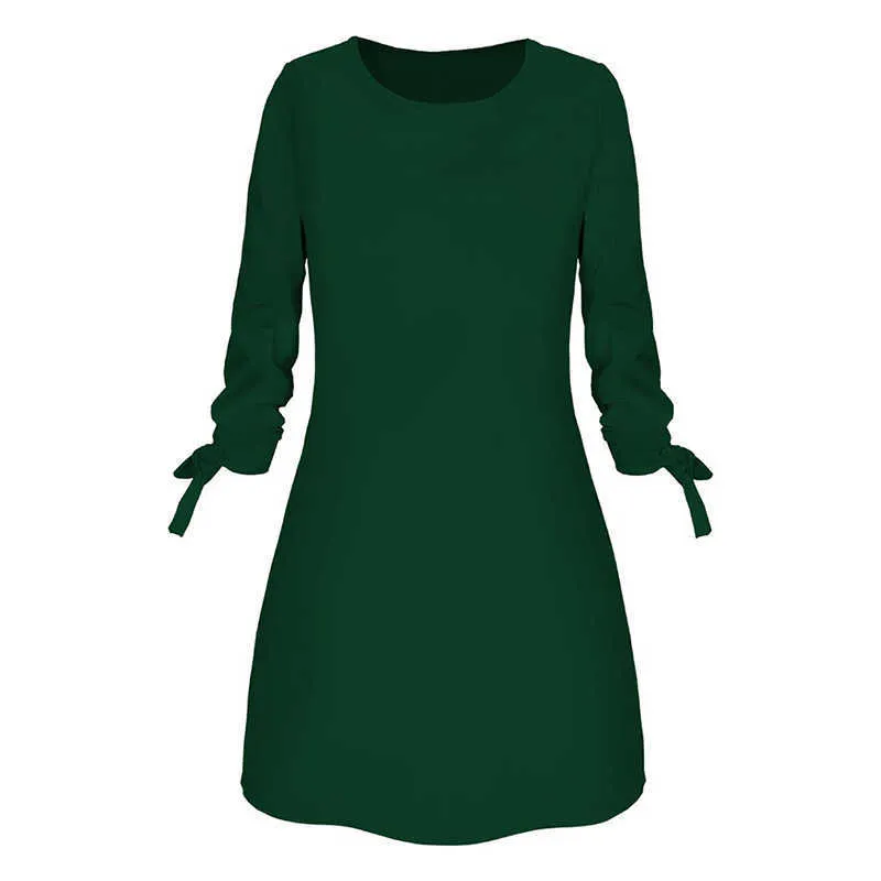 Kvinnor mode o-nacke solid båge elegant straigt klänning våren lösa mini klänningar 3/4 ärm båge bekväm plus storlek y1006