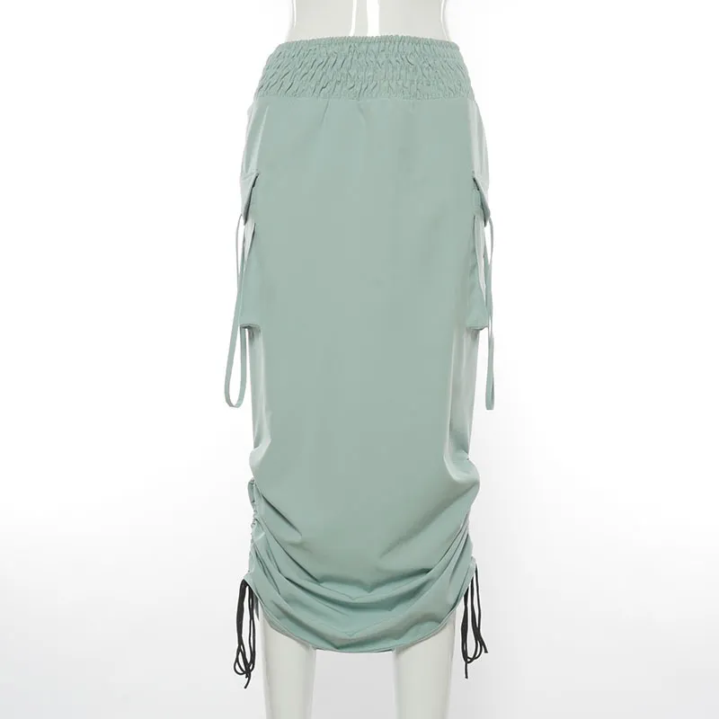 NewAsia Falda larga Mujer Bolsillo grande Cintura elástica Cordón Atar Color Sólido Falda de carga fruncida Damas Casual Chic Streetwear 210413