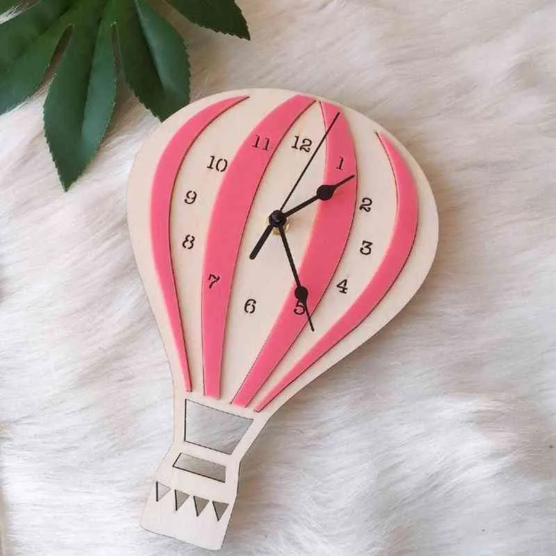 Nordic Style Hot Air Balloon Shape Wall Hanging Clock Wooden Mute Wall Clock No Battery Powered Kids Bedroom Home Decoration H1230