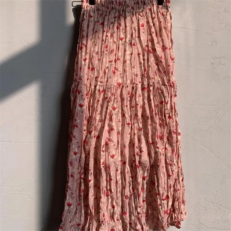 Старинные шифоновые цветочные печатные плиссированные MIDI юбка женщин эластичная высокая талия длинные юбки лето элегантная женская нижняя улица 210412