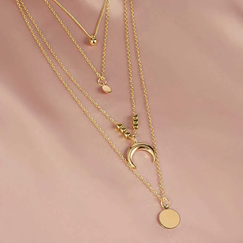 2021 collana a catena Collier ciondolo in oro con disco in metallo in lega di luna multistrato donna collare gioielli femminile di nuova tendenza