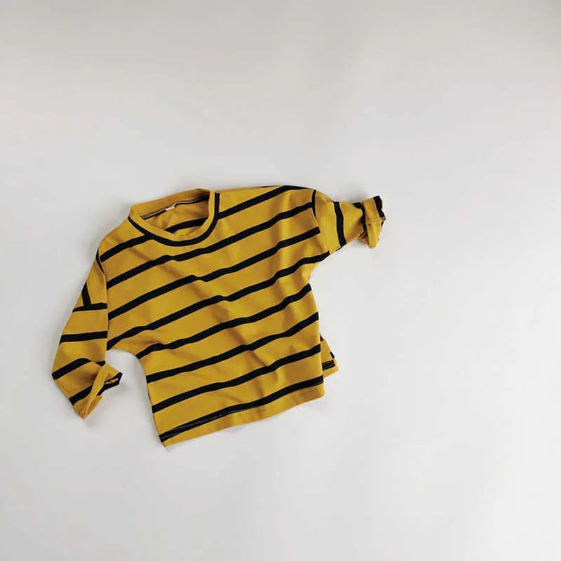 곰 리더 태어난 아기 스트라이프 티 1-6 년 동안 소녀 소년 전체 소매 티셔츠 키즈 캐주얼 스웨터 옷 어린이 탑 210708
