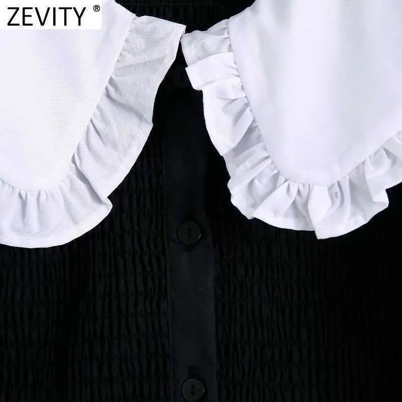 Zevity Women Sweet White Peter Pan Collar Patchwork Black Slim Short Blouse Female Puff Sleeve Shirt Chic Blusas Tops LS9385 210603