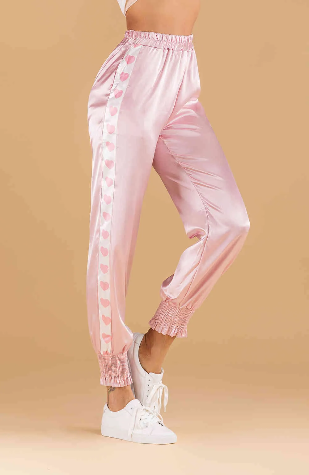 Brillant côté amour motif pantalon femme printemps été haute taille élastique rose pantalon cargo fenale 5E205 210427
