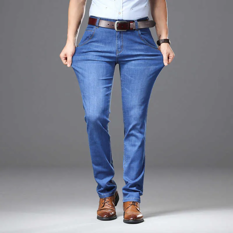 Primavera / Estate Jeans slim leggeri Stile classico Business Casual Jeans attillati sottili attillati da uomo di grandi dimensioni 210531