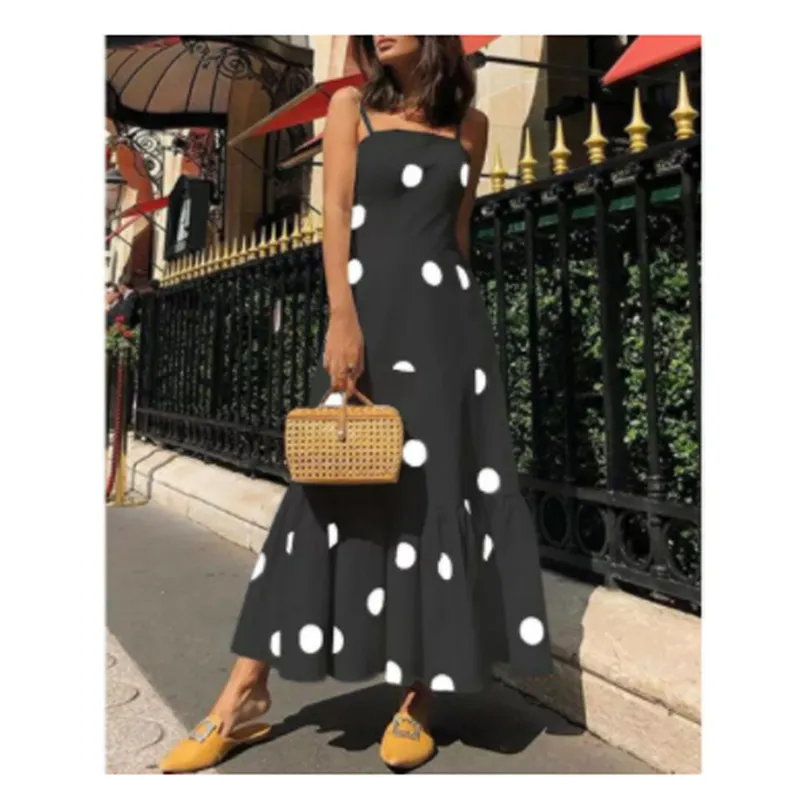 Vrouwen jurk mode zomer boho casual lang maxi meisje elegante dame strappy polka dot vakantie party strand sundress 210522