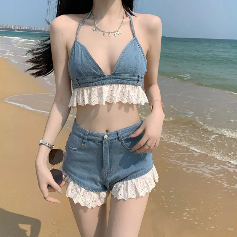 Summer Beach Sweet Sexy Set in due pezzi con scollo a V Lace Up Denim Canotta Top Jeans sfilacciati Shorts T3037 210514