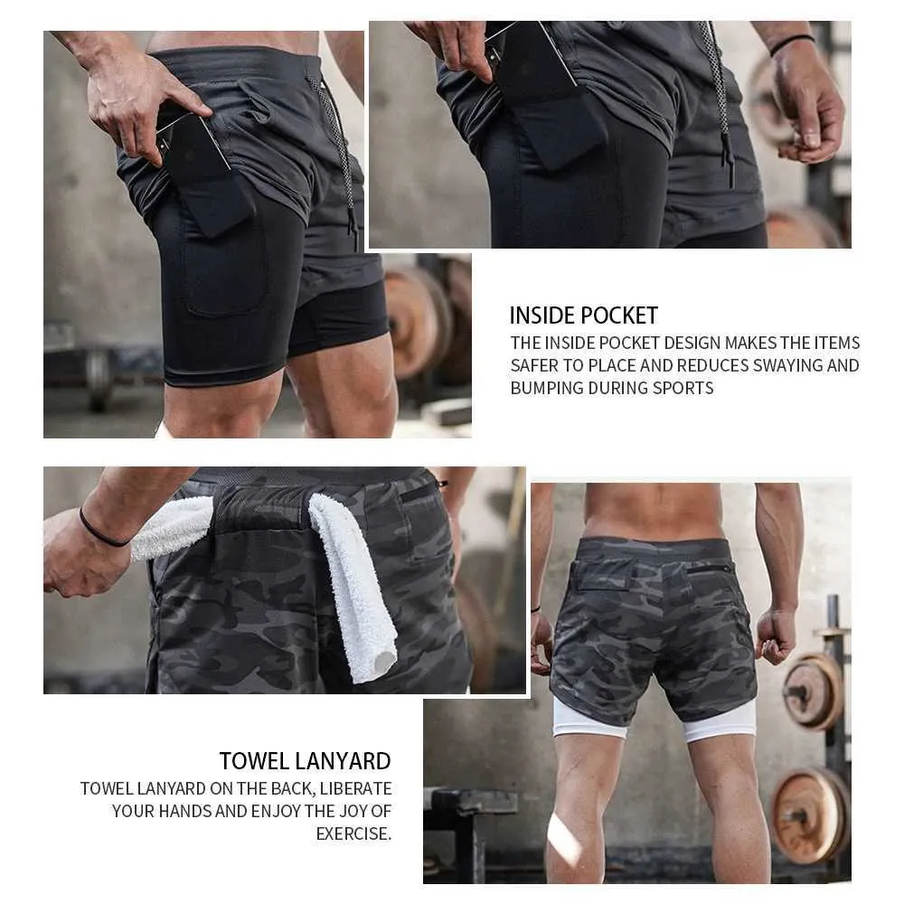 Camo Running Shorts Hommes 2 en 1 Double-Deck Quick Dry Gym Sport Fitness Jogging Entraînement Sport Pantalon court 210716