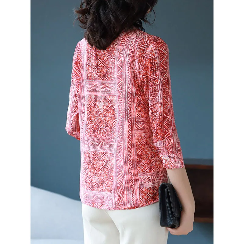 5XL Women Spring Summer Style Chiffon Blouses Shirts Lady Casual Three Quarter Sleeve Printed Red Chiffon Blusas Tops DF3036 210401