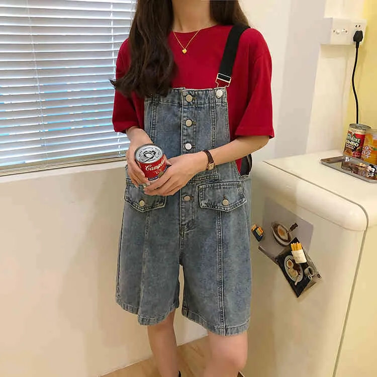 SML Summer korean preppy style Jumpsuit Denim Overalls Casual Girls vintage Wide Leg Jeans Shorts womens 78151 210423