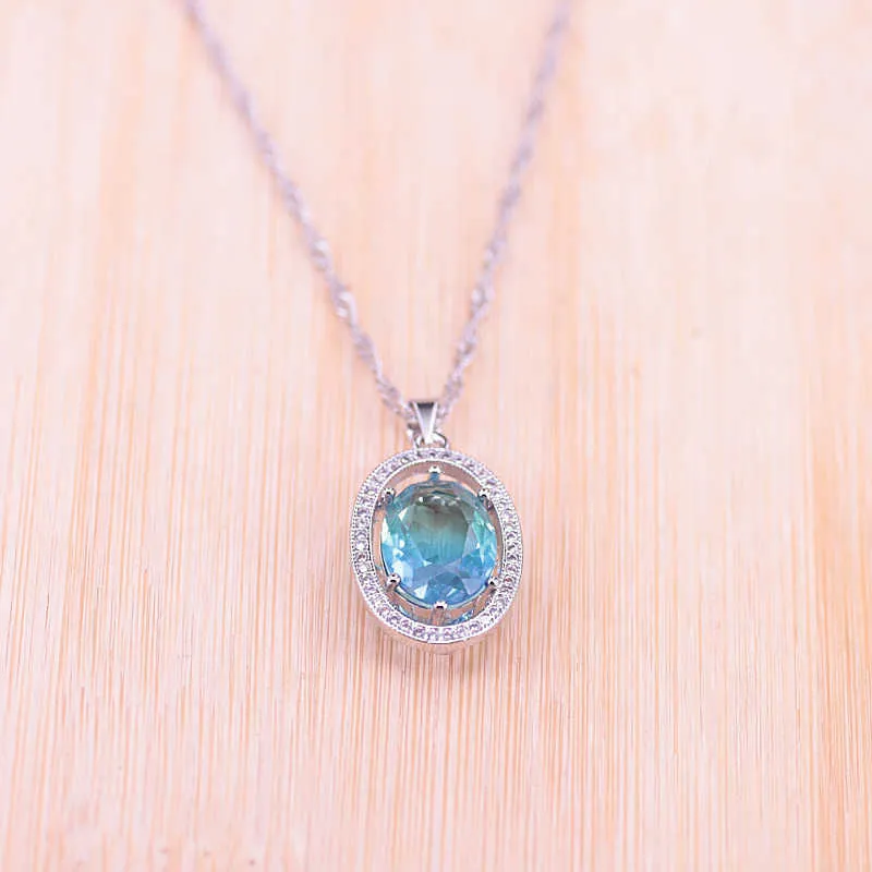 Risenj-Conjunto de joyería para mujer, piedra azul cielo mágica, Color plata, conjunto de joyería nupcial ovalada grande, pendientes, anillo, collar, H1022