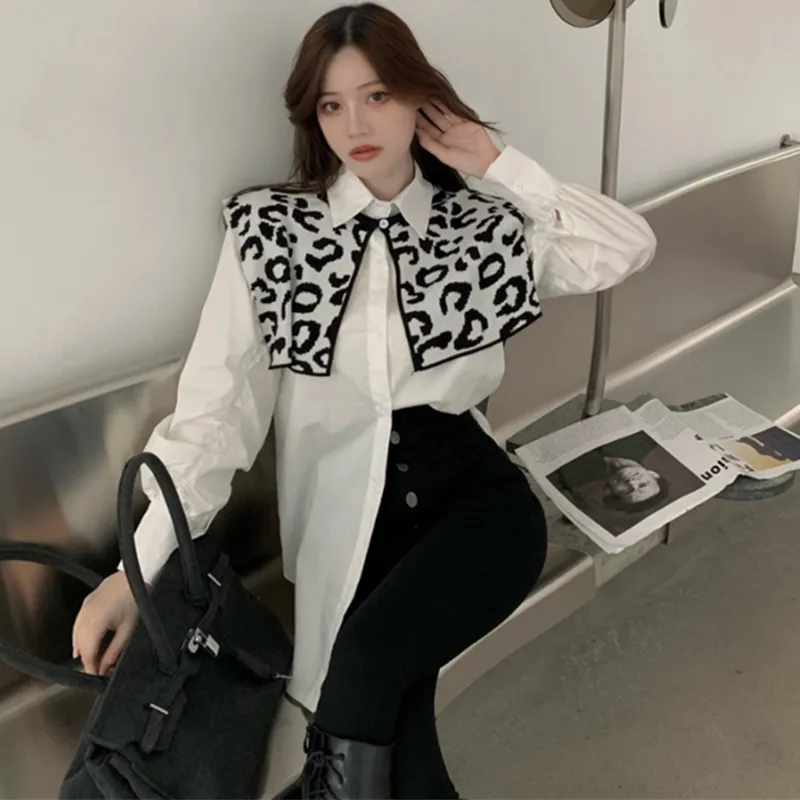 Lucyever Leopard Shawl Moda Blusas de mujer Otoño Puff Manga Camisas para mujer Estilo coreano Blanco All-Match Tops Femme 210521