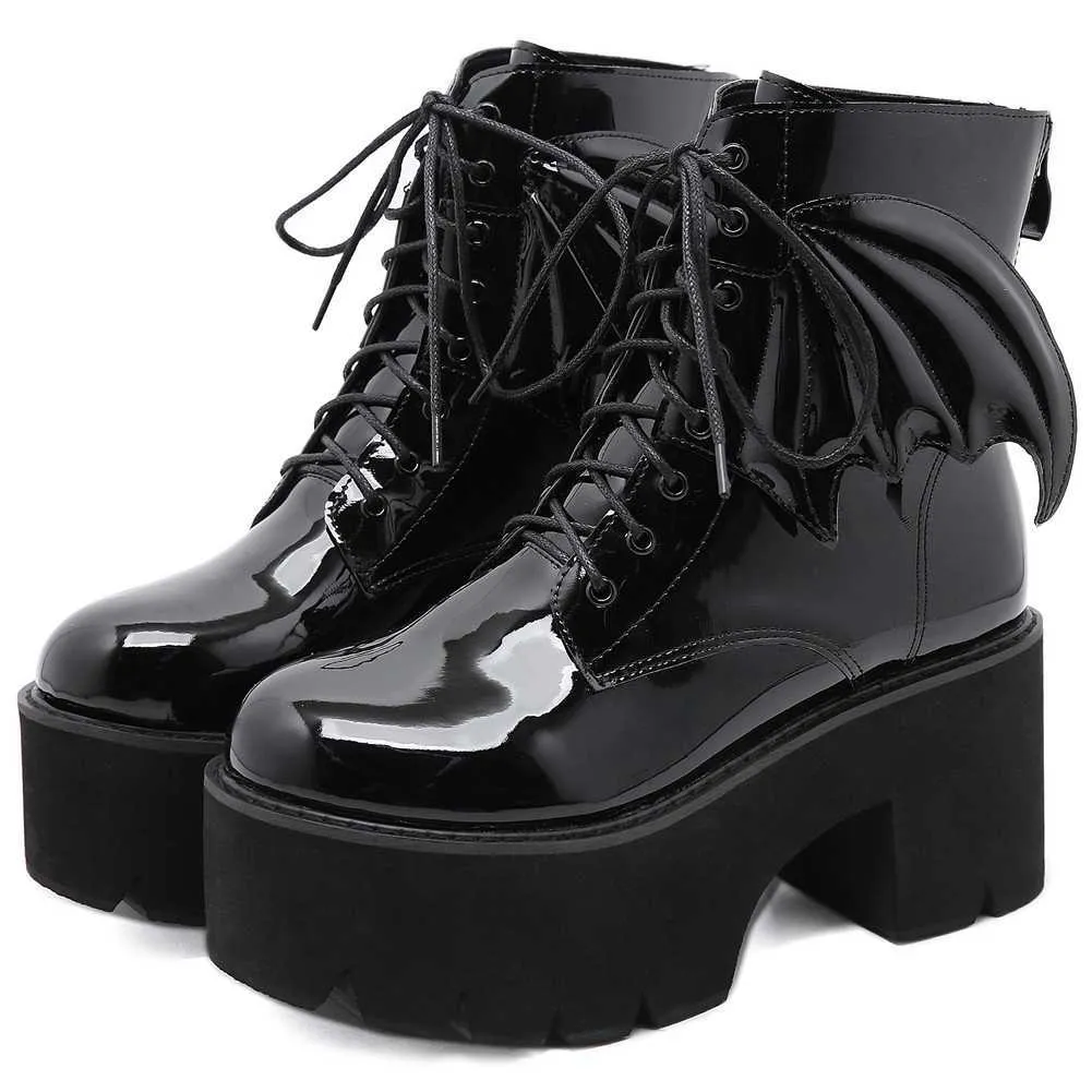 BONJOMARISA 2021 marque plate-forme talon épais chauve-souris aile à lacets fermeture éclair Goth noir Punk Cool femmes bottes rue noir bottines Y0914