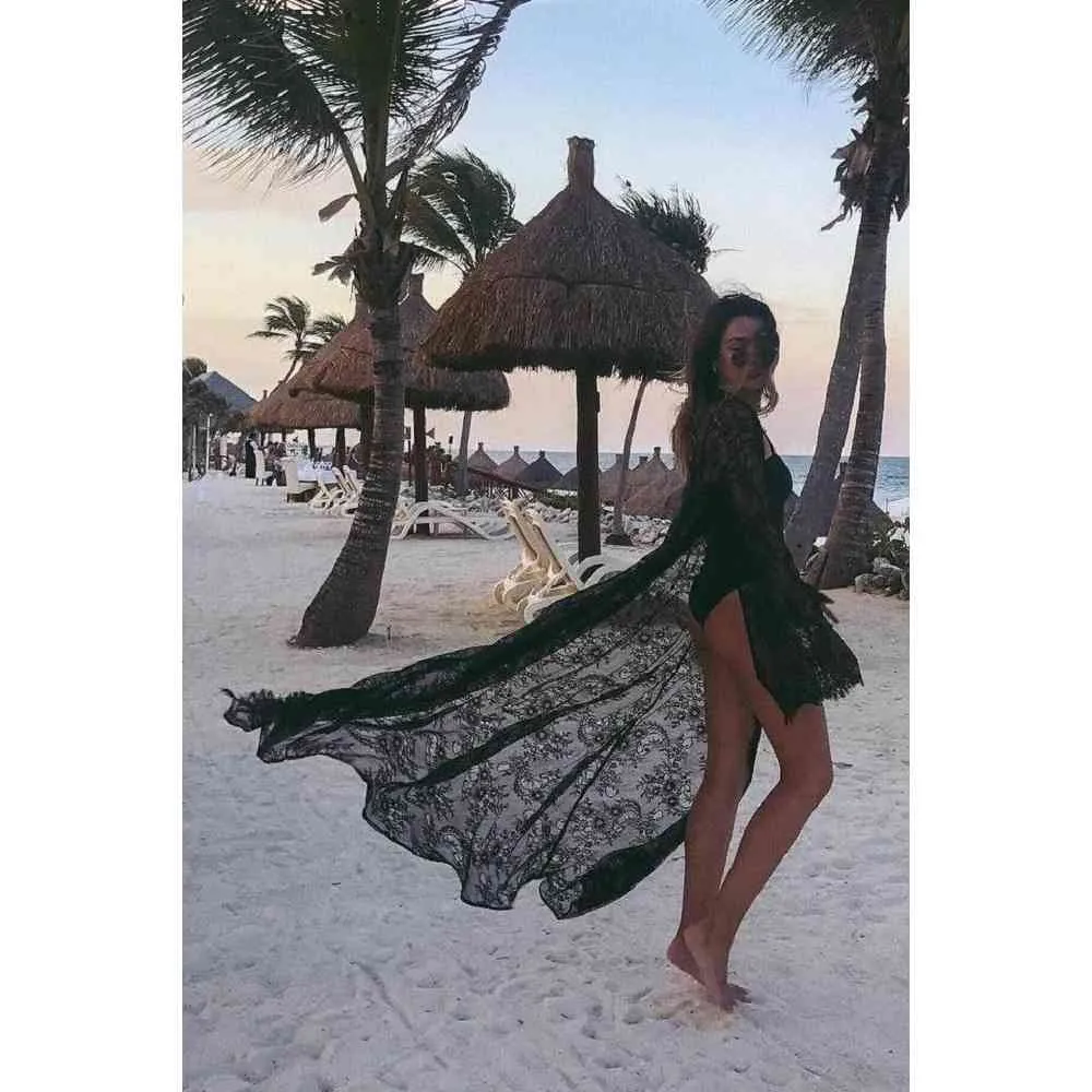Tuniki na plażę Długa Koronkowa Sukienka Plażowa Kobiety Swim Cover Up Plus Size Haya de Praia Robe Plage Kaftan # Q516 210420
