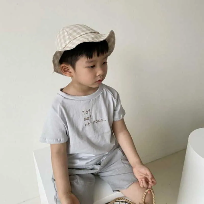 Korean Style Summer Kids Boys 2-pcs Sets Letter T-shirt + Solid Color Shorts Children Casual Clothes E320 210610