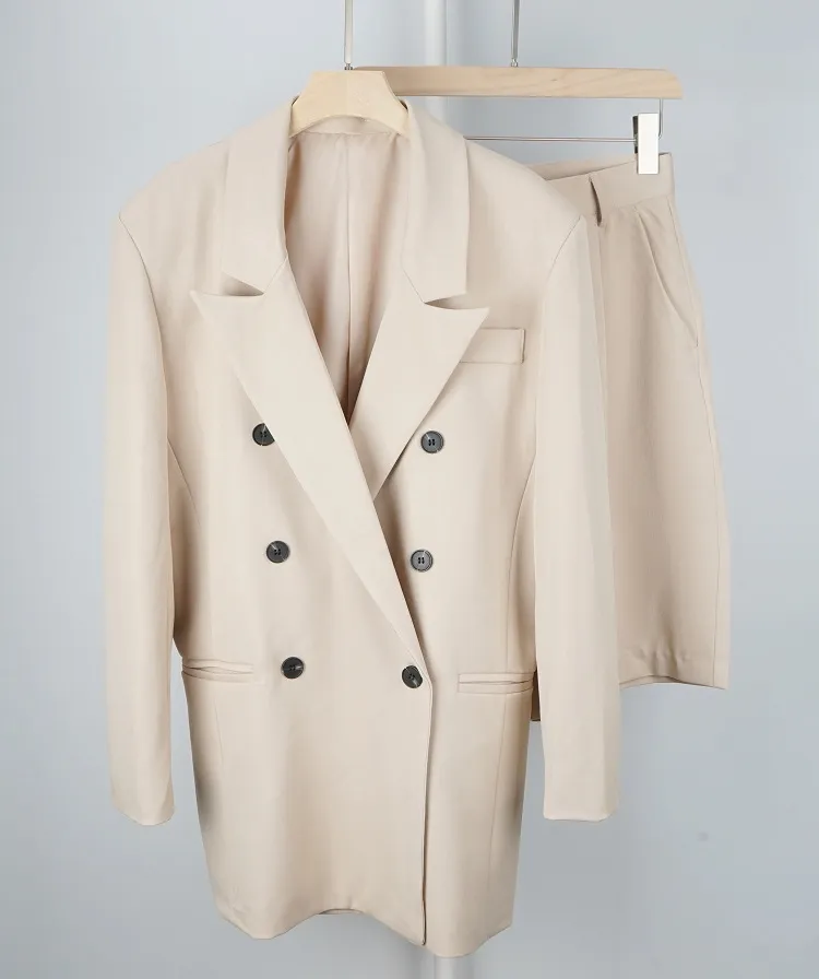 Automne et mode décontracté couleur unie cranté ample Double boutonnage veste Blazer femmes SG675 210421
