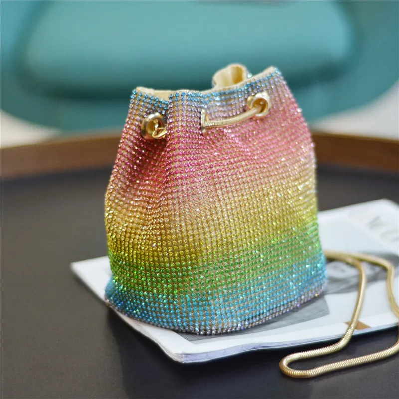 Borse da sera personalizzate alla moda Borsa a tracolla a tracolla con strass da donna Borsa a secchiello da trapano a rete colorata da donna