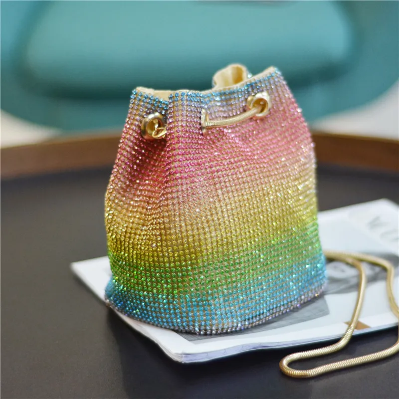 Fashion Personalized Evening Bags Crossbody Shoulder Rhinestone Women's Chain Handbag Women's Colorful Net Drill Bucket Bag