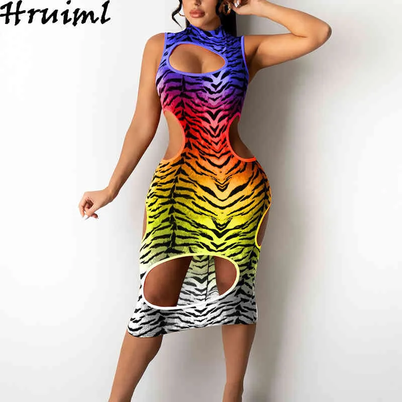 Vestido de verano para mujer, con estampado de leopardo calado, cintura alta, Color degradado, ropa de calle, moda informal, fiesta para mujer 210513