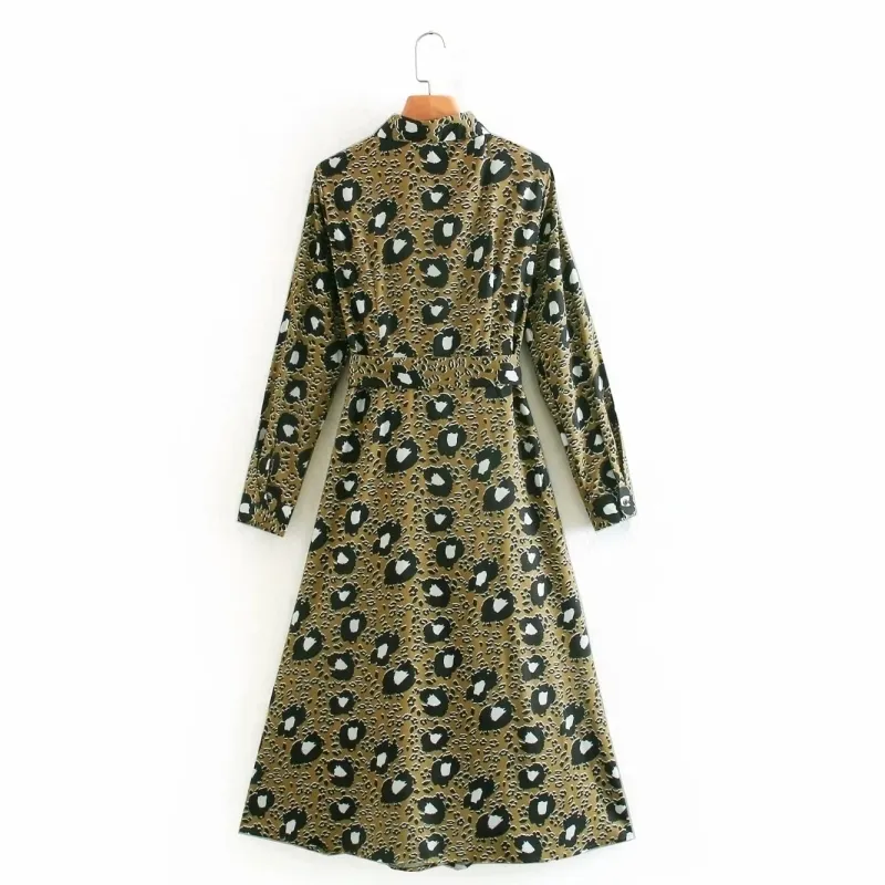 Frauen Leopard Print Turndown Kragen Schärpen Midi Hemd Kleid Weibliche Lange Hülse Kleidung Casual Dame Lose Vestido D7157 210430