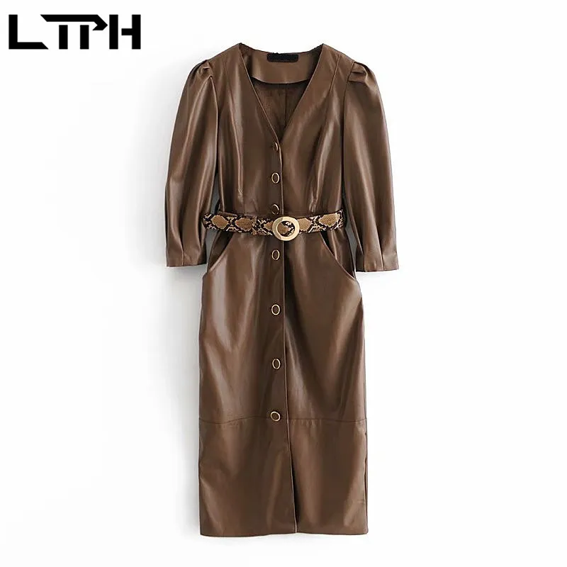 Élégant cuir synthétique 3/4 manches robe femmes PU ceintures Sexy col en v simple boutonnage mi-longueur robes automne 210427