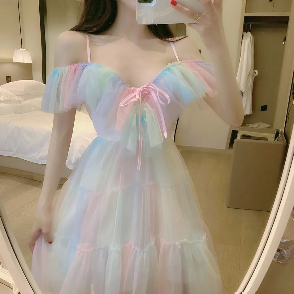 Rainbow Fairy Dress Women Elegant Sweet Party Dress Female Casual Sexy Patchwork Lace Chiffon Kawaii Dress Summer 2020 New X0521