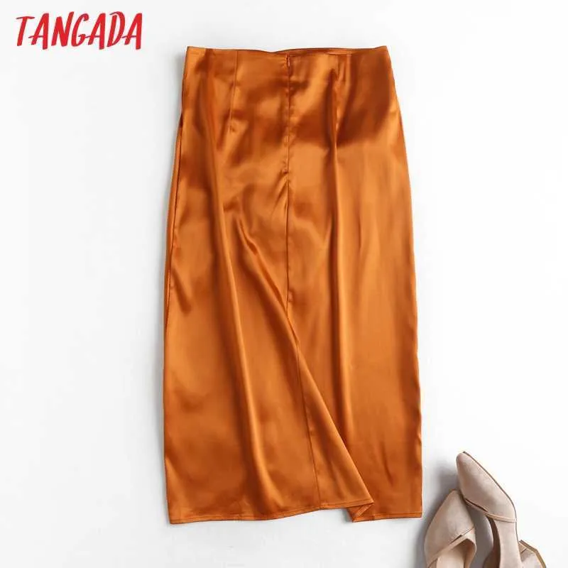 Tangada Donna Gonna longuette in raso arancione plissettato Zipper Office Ladies Elegant Chic Gonne a metà polpaccio BC18 210609