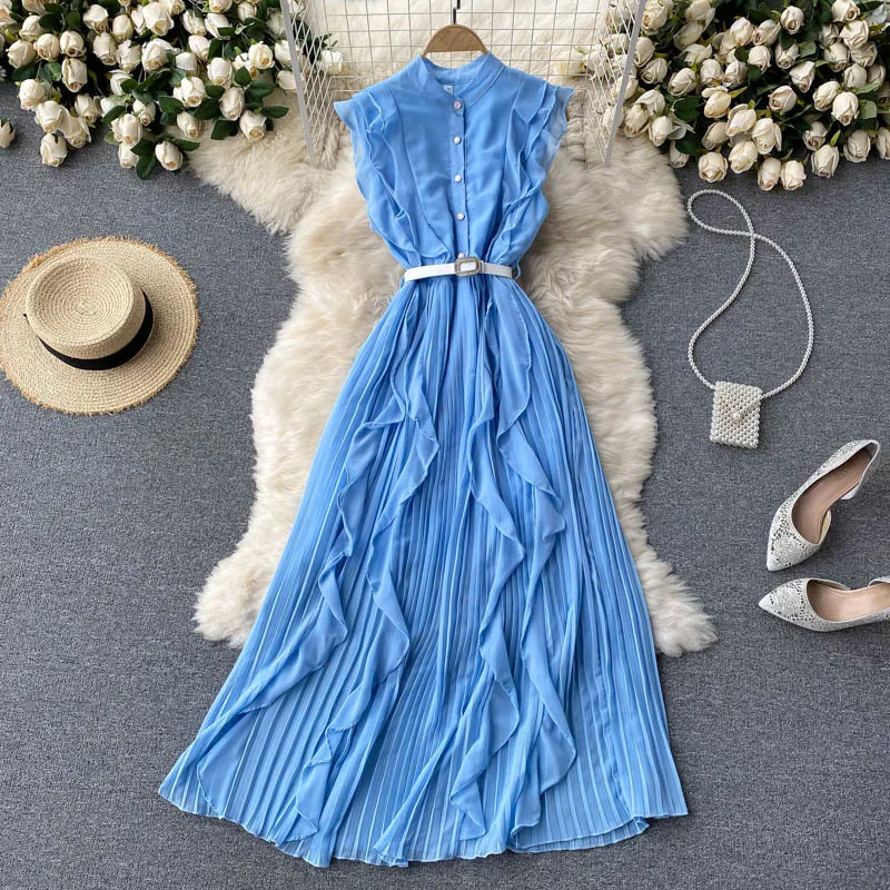 Sommer Mode Casual Urlaub Lange Sommerkleid Frauen Koreanische Plissee Kleid Süße Rüschen Ärmellose Gürtel A-linie Kleider 210430