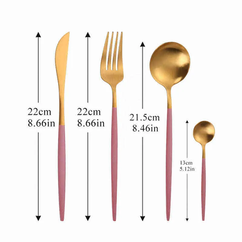 Rostfritt stål porslin set guld och rosa bestick 24st matt middag kök sked gaffel kniv dinnerware 211229
