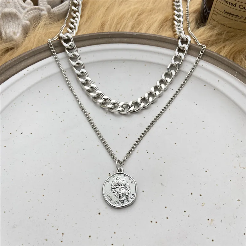 17KM rétro Portrait pièce pendentif grande chaîne épaisse collier pour femmes exagéré chaîne tour de cou géométrique rond colliers bijoux