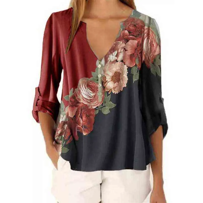 Vintage Floral Gedrukt Chiffon Vrouwen Blouse Shirt 2020 Herfst Casual V-hals Lange Mouw Tops Dames Losse Grote Maat 5XL Blouses H1230