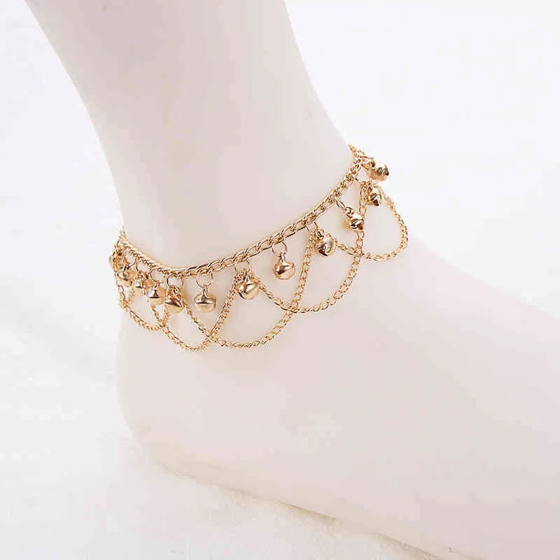 Moda boêmia ouro sino borla tornozeleiras para mulheres charme perna pulseira tornozelo pé correntes descalços sandália praia jóias 7683905