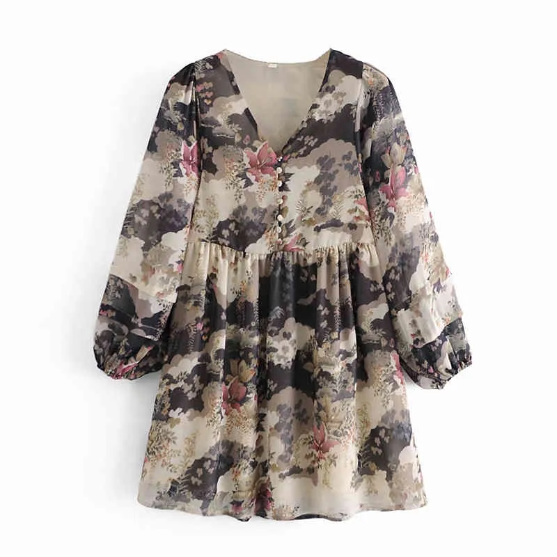 Elegant Women V-Neck Button Dresses Fashion Ladies Chiffon Puff Sleeve Vestido Chic Female Chinese Style Floral Print Dress 210427