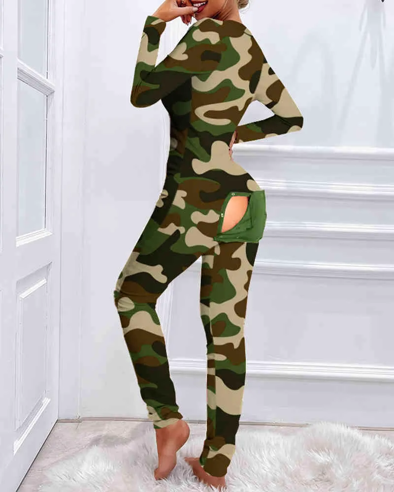 Nouveau Style femmes fonctionnel boutonné rabat Camouflage imprimé adultes pyjamas costume Homewear Femme détachable combinaisons 210415