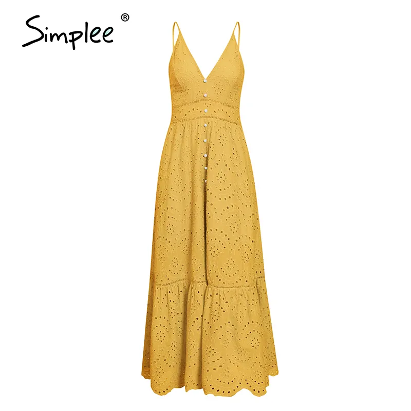 Einfaches elegantes gelbes V-Ausschnitt-Damen-Spaghetti-Träger-weibliches Rüschen-Baumwollkleid Sommer-Damen-Midi-Kleider im Strandstil 210414