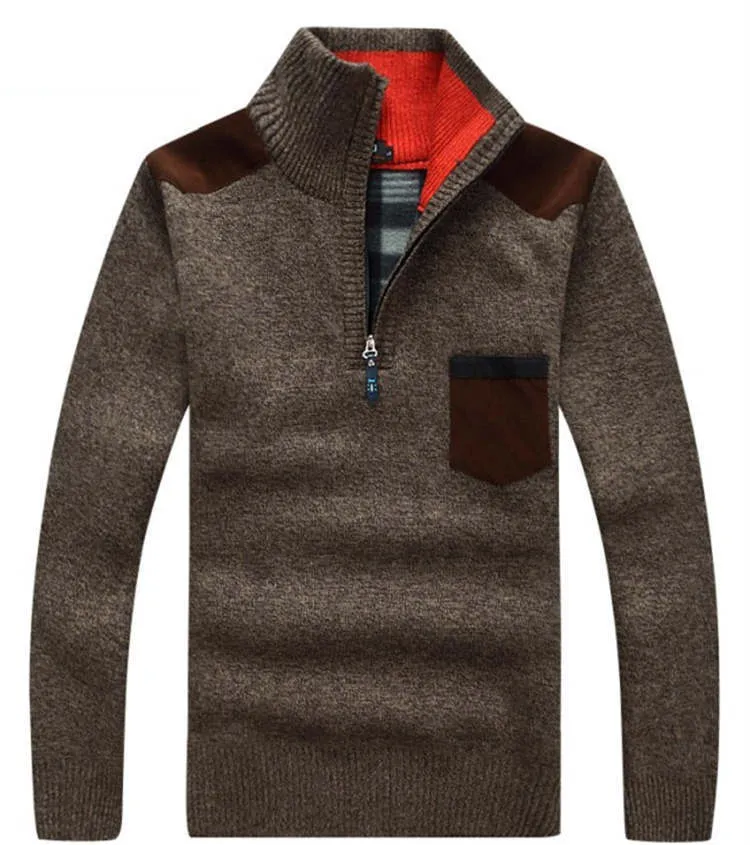 Thick Warm Patchwork Mens Pullover Sweater Turtleneck Half Zip Mens Sweaters Fashion Pocket Splice Men Winter Long Sleeve Coat 210524