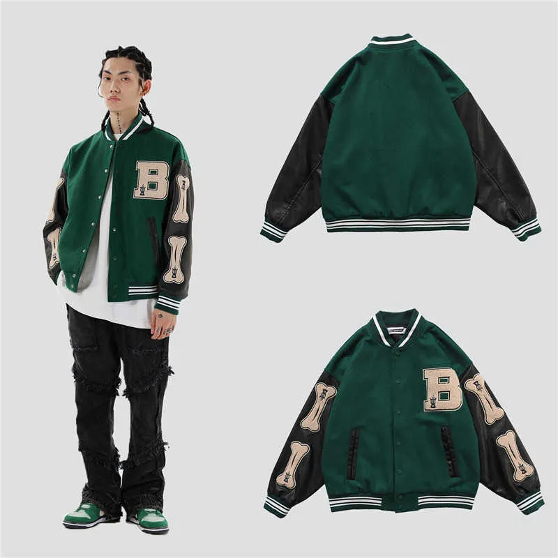 giacca da baseball streetwear hip hop cappotto lettera B ricamo osso collo alto bomber giapponese college 210928