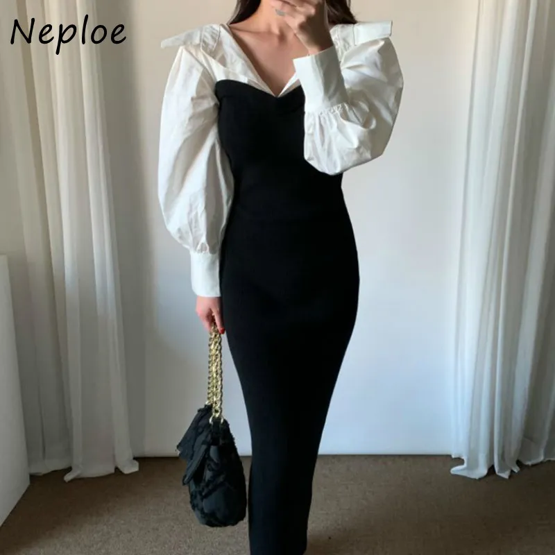 Elegant Fake Two Piece Patch Hit Color Dress Women High Waist Hip Mermaid Slim Vestidos Turn Down Collar Long Sleeve Robe 210422