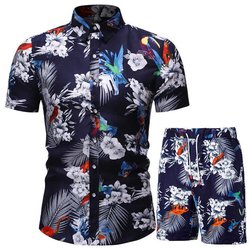 Mode Hawaiian Set Männer Blumen Drucken Kurzarm Taste Hemd Strand Shorts Sets Casual Sommer Streetwear Männlichen Anzug 2 Stück x0610