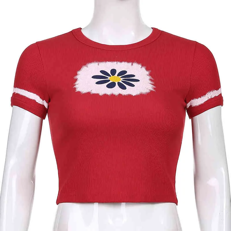 Tie Dye côtelé Kawaii Imprimer Rouge Y2K T-shirts avec manches courtes Mode Femmes Harajuku Summer Crop Top pour filles Blue Tees 210415