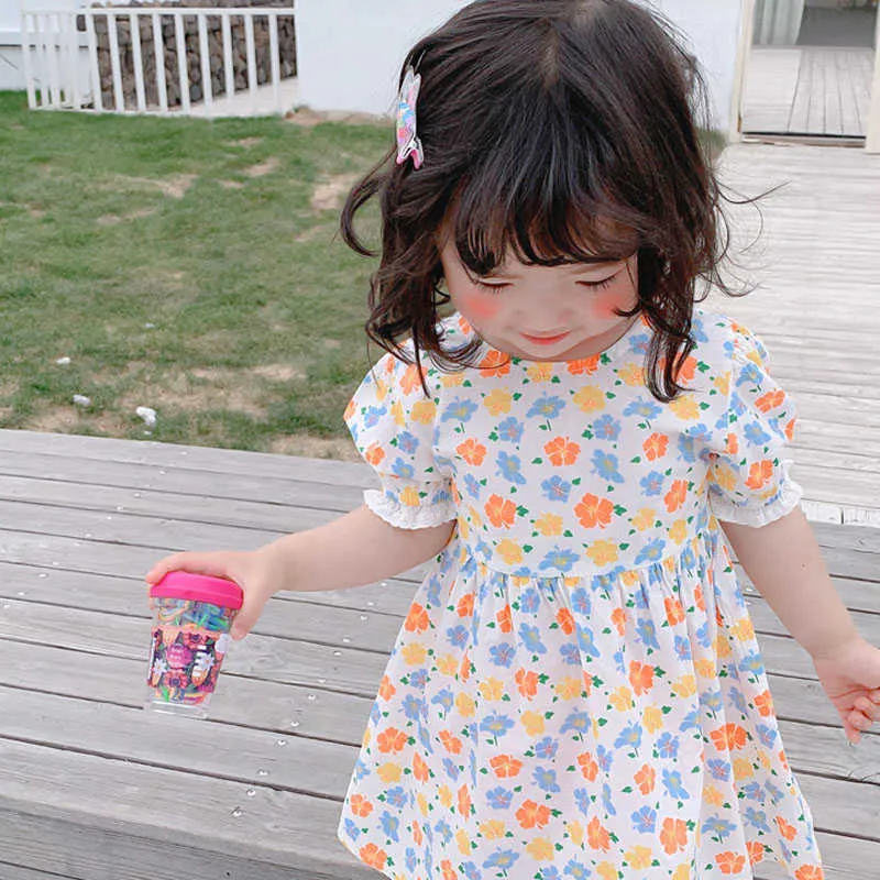 Vestido de niña de verano Estilo coreano Bordes de encaje Bordes Dulce Flor Floral Princesa Bebé Niños Ropa para niños para niña 210625