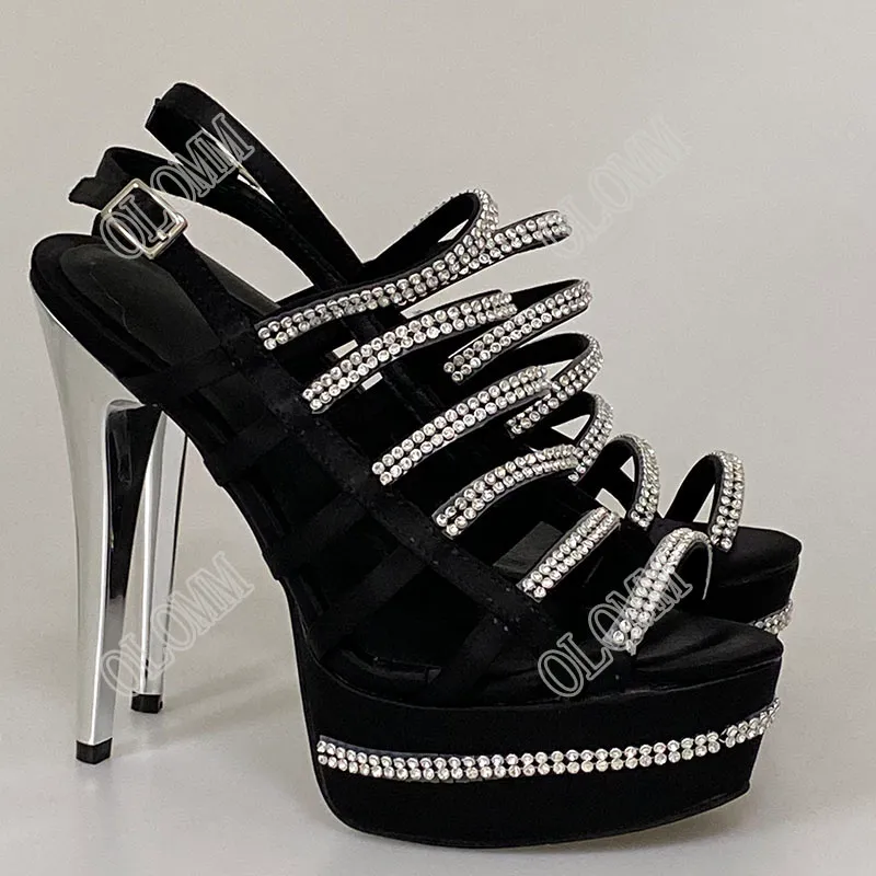 Olomm Women Platform Sandaler Sexig Shiny Rhinestone Stiletto klackar Öppna Toe Black Night Club Shoes Women Us Plus Size 5-15