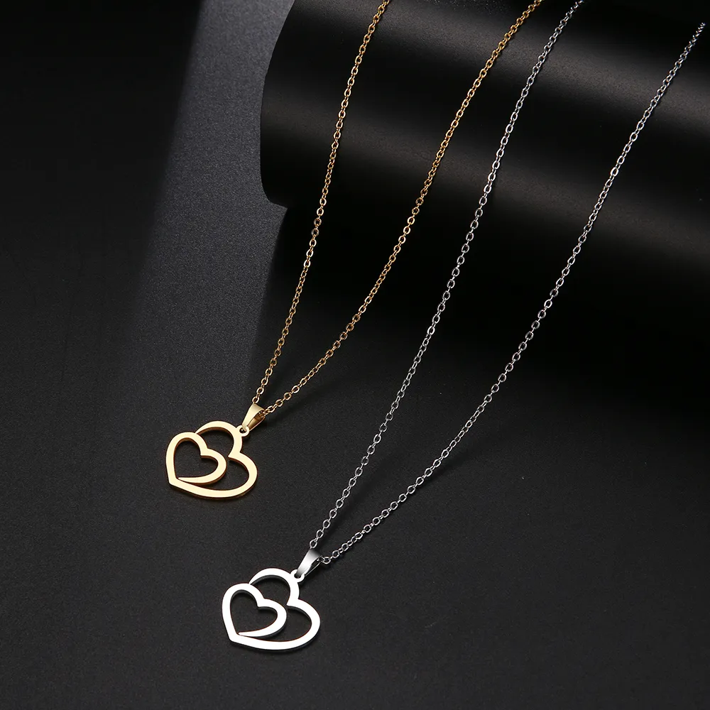 Colliers en acier inoxydable pour femmes et hommes, pendentif creux Double cœur en or Rose, ras du cou, bijoux de fiançailles