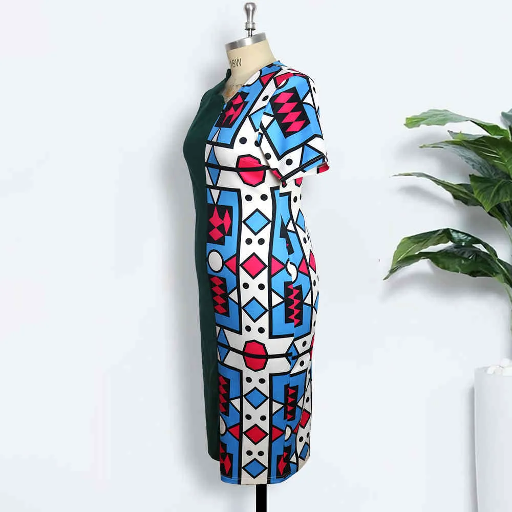 Bodycon Dress 5XL Geometric Print Patchwork Dark Green Slim Fit Dresses Plus Size 3XL 4XL Party Night Elegant Women Clothes 210416