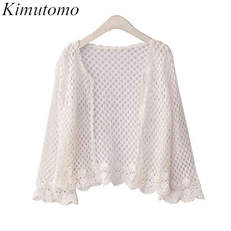 Kimutomo Beach Style Cardigan Mince Femmes Crochet Fleur Creux Out Dentelle Lâche Vêtements Femelle Couleur Solide Manches Longues Casual Top 210521