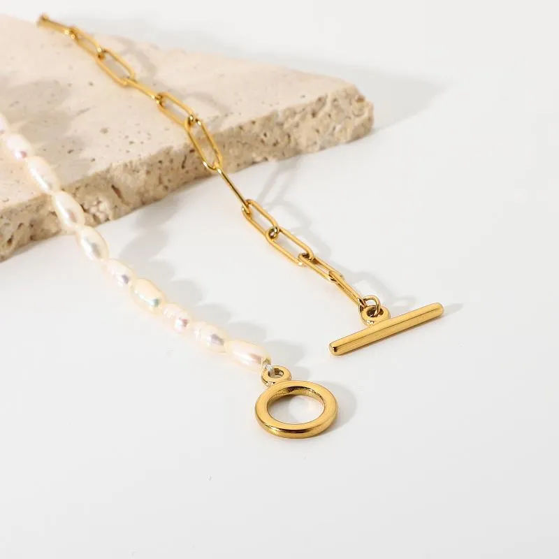 Łańcuch Link 18 -krotny złoto splowane bransoletka ze stali nierdzewnej Naszyjnik dla kobiet w połowie słodkowodnej perłowej patyczki klamry dławiki biżuterii 2724