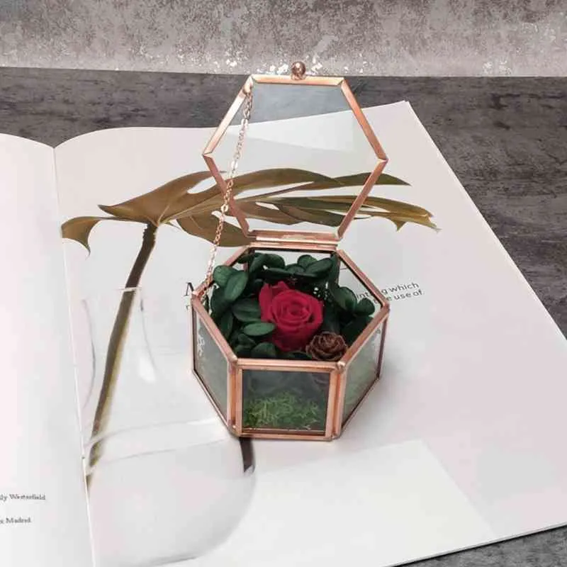 Hexagon Transparent Rose Gold Glass Ring Box Bröllop Geometrisk Smycken Arrangör