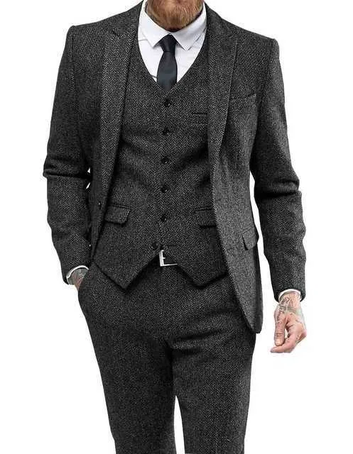 Men's Suits Grey White Herringbon Lapel Fit Casual Formal Business Groomsmen Tuxedos for Wedding Blazer+Pants+Vest X0909
